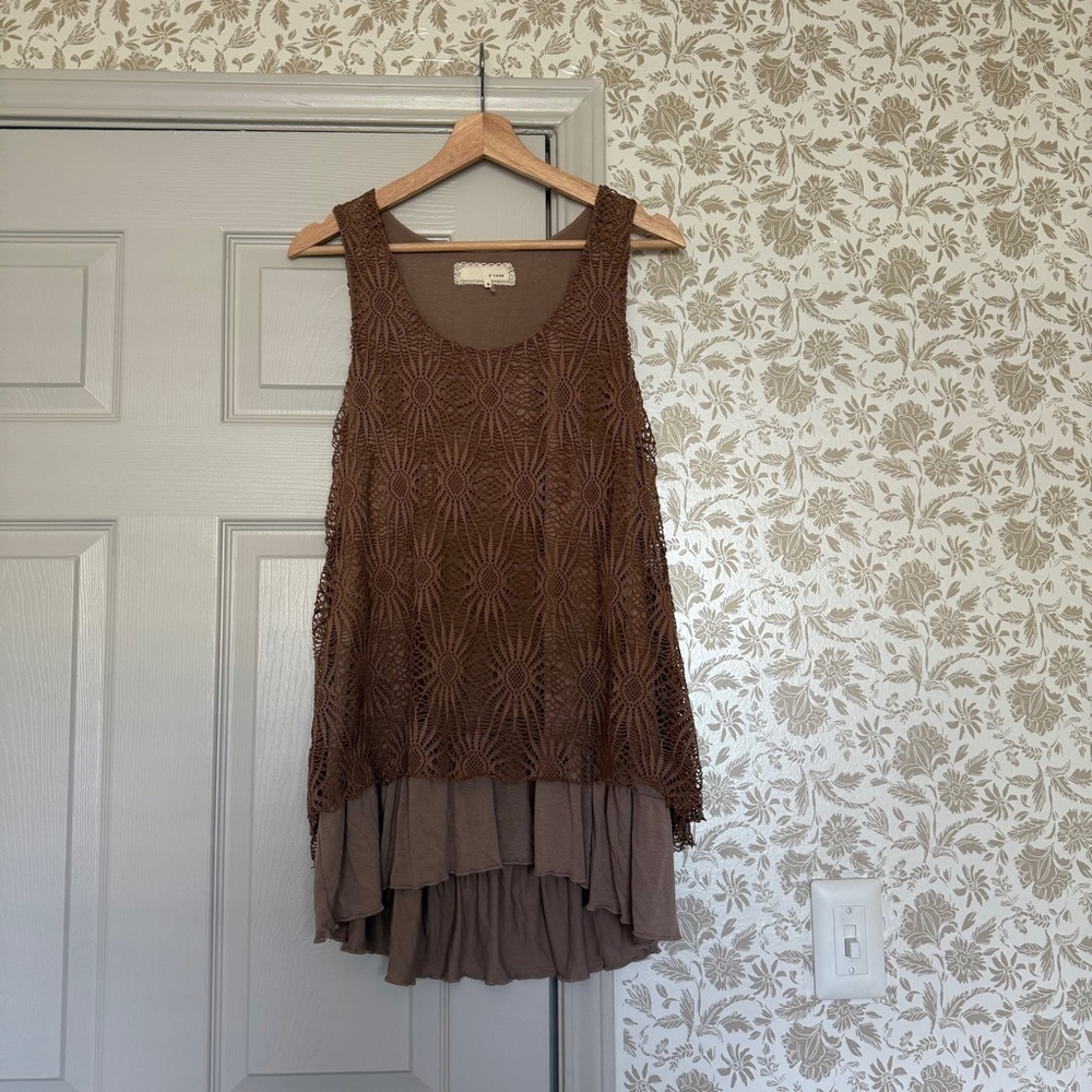 A’Reve Brown Crochet Overlay Tunic Tank Top Sz S – Boho Y2K Layered Look